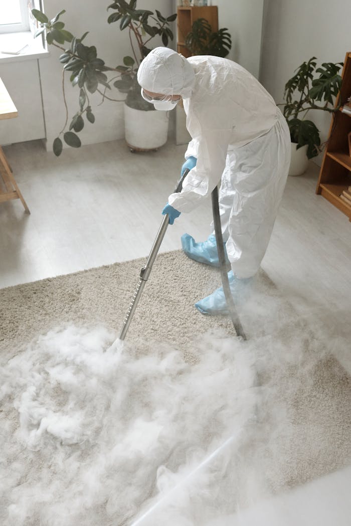 Woman in protective gear disinfecting a carpet indoors during COVID-19 pandemic.